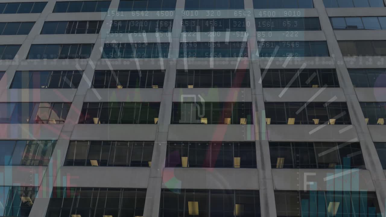 사무실 건물 위의 금융 그래프와 데이터의 애니메이션