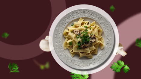 creamy garlic pappardelle pasta with grated parmesan cheese,mushroom, dried parsley, black pepper, onion and garlic