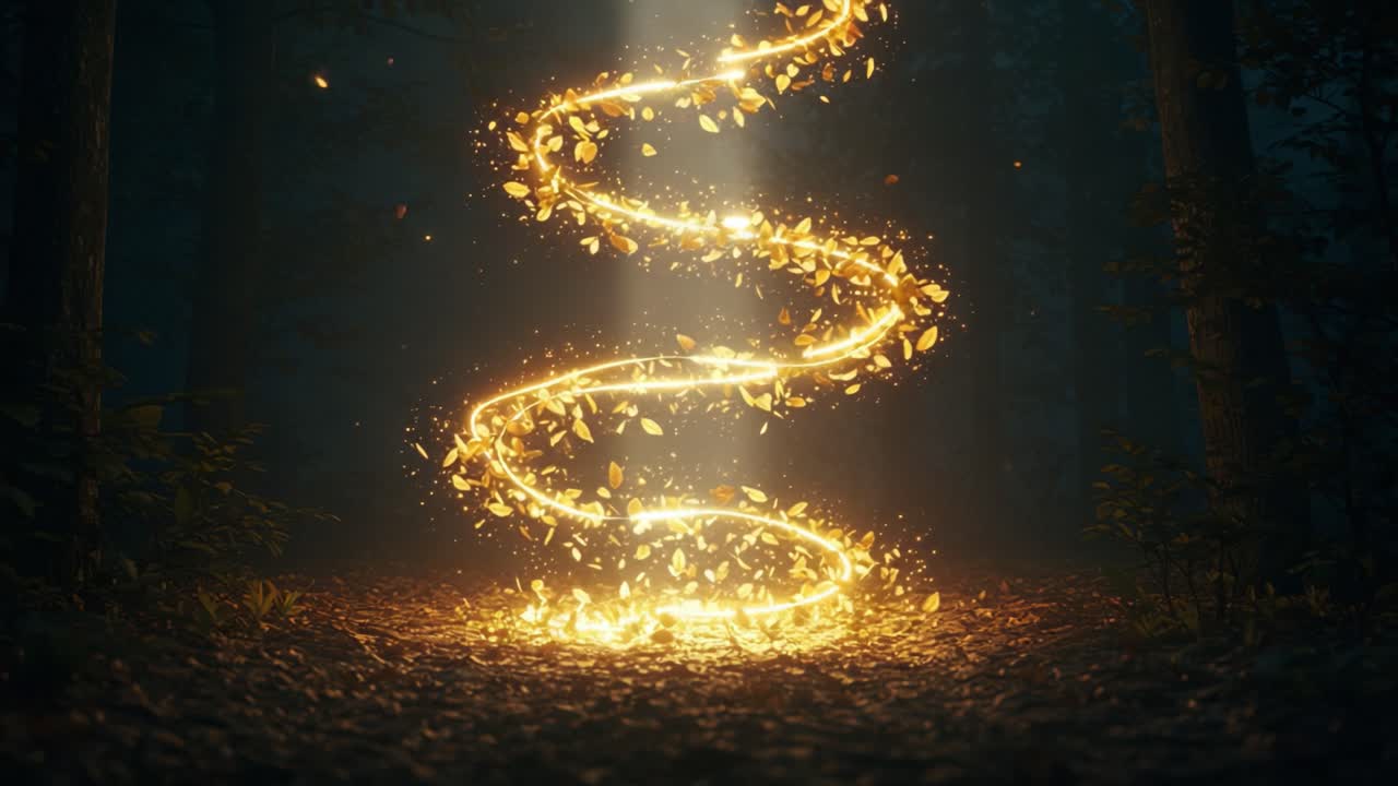 A mesmerizing spiral of golden light swirls through a mystical forest, creating a captivating dance of shimmering leaves illuminated by soft beams of light