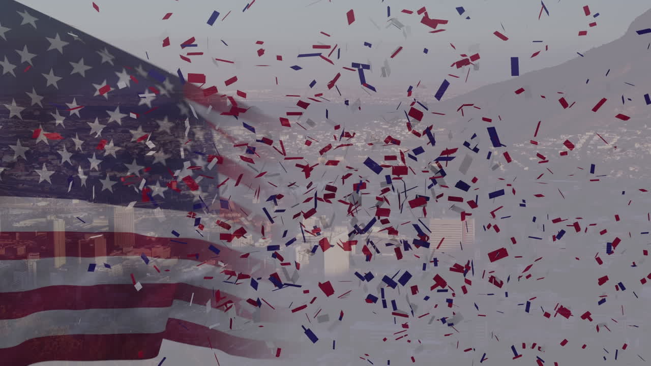 Animação de bandeira americana tremulando sobre paisagem urbana