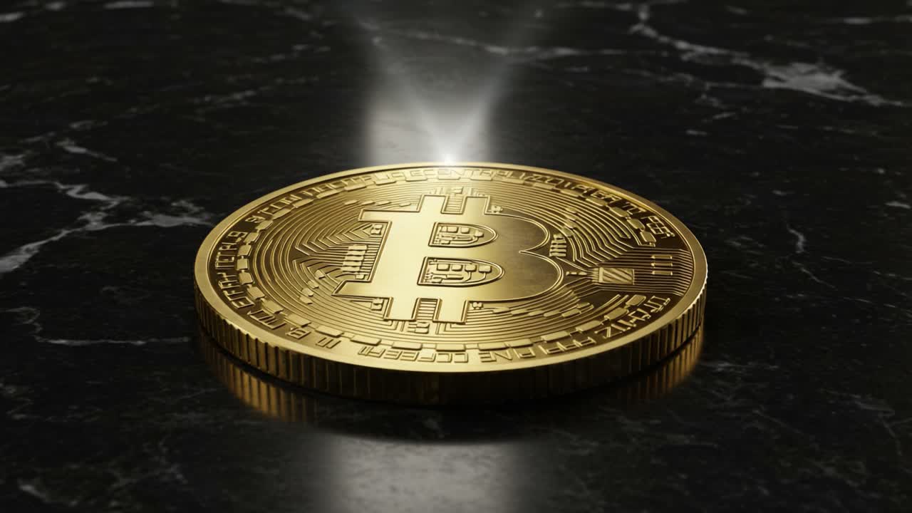 Stunning Close-up of a Bitcoin on a Dark Marble Surface, Showcasing Its Intricate Design and Shiny Gold Finish for Cryptocurrency Enthusiasts and Investors