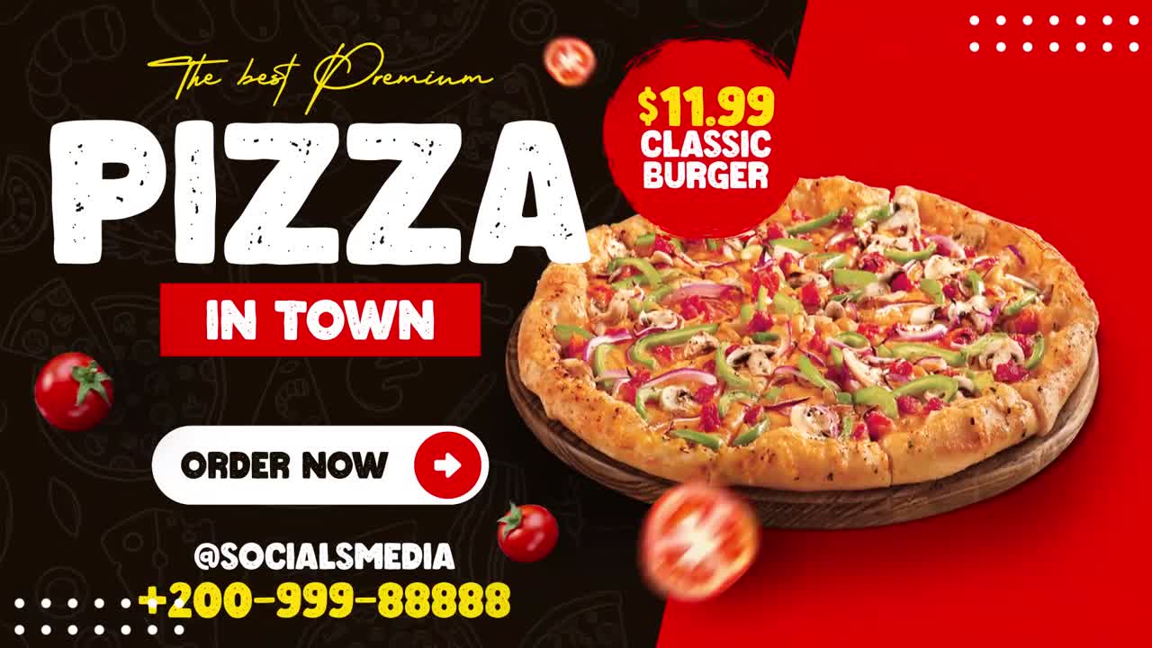 Deliziosa pubblicità di pizza premium con condimenti freschi
