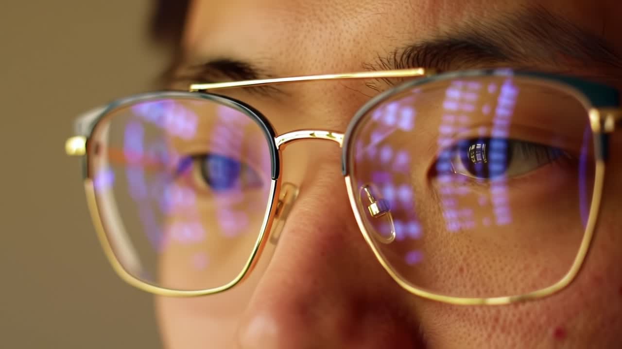 Person Examines Data Reflections in Eyeglasses During Analysis Session Indoors