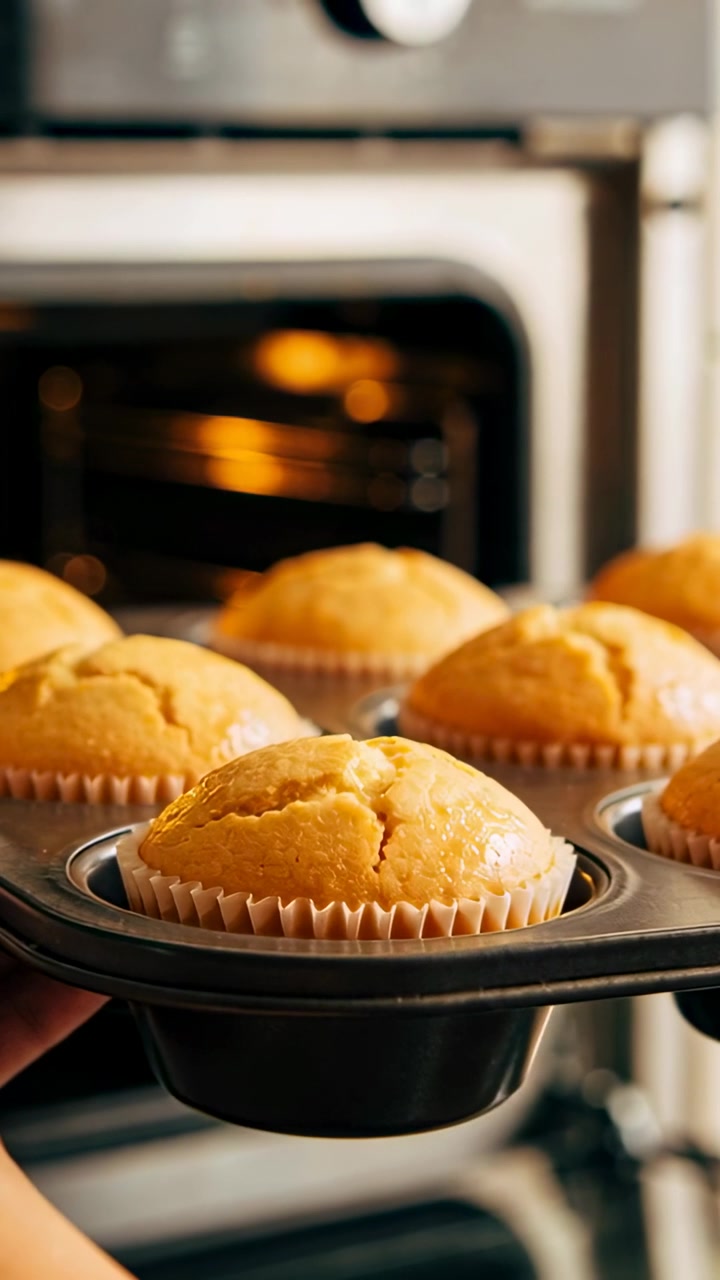 Video verticale: Aprendo il forno, una mano con il polsino estrae una teglia per muffin a casa per farli raffreddare, con pirottini di carta.