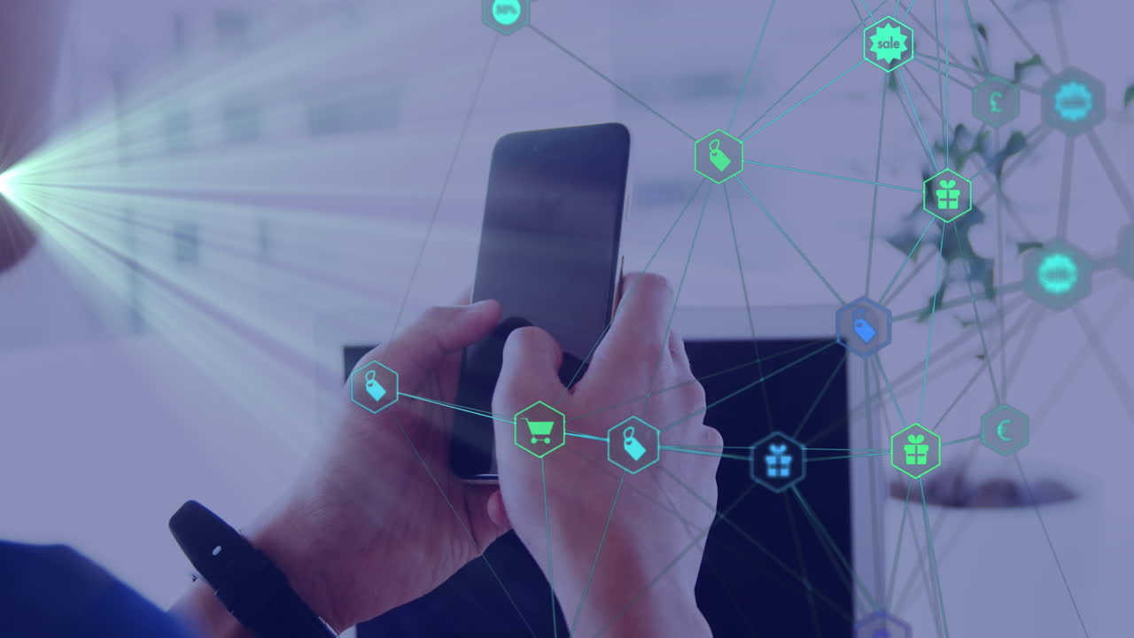 animación de una red de iconos sobre un empresario caucásico que usa un teléfono inteligente