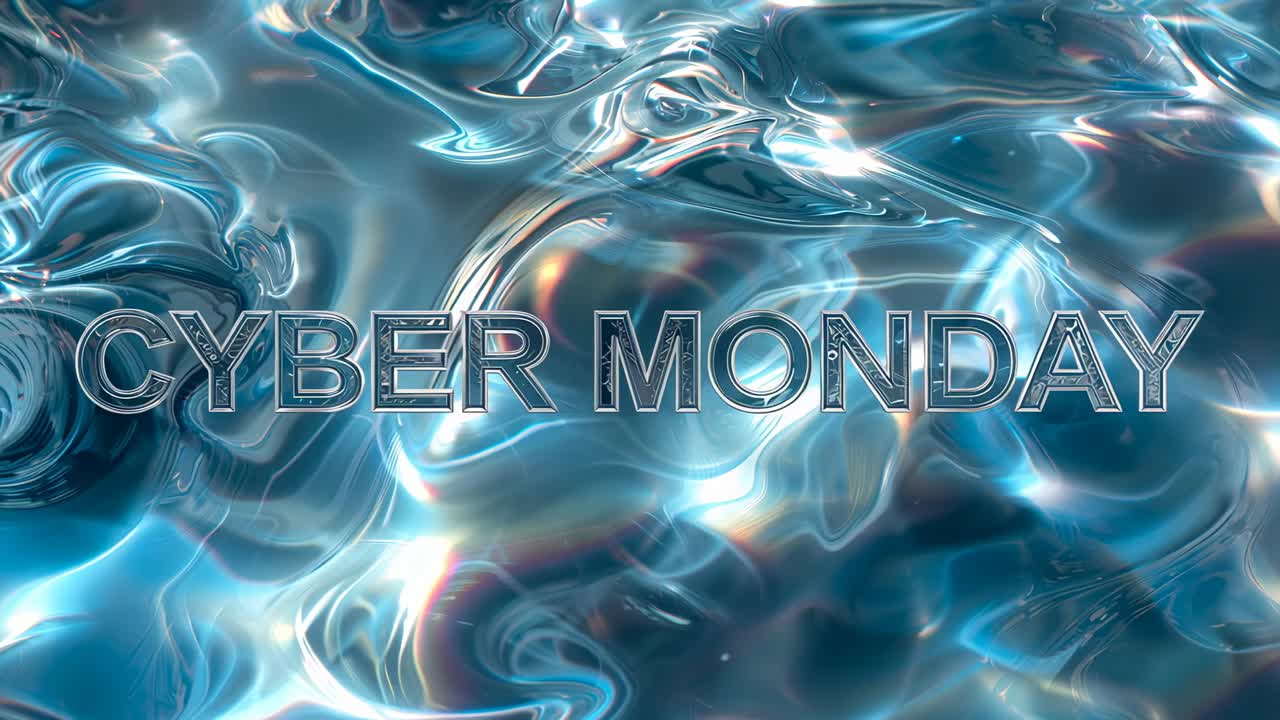 Shining centered CYBER MONDAY headline reacting to sweeping glints on metal surface for sale