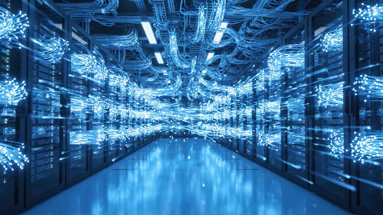 A Mesmerizing Journey Through a Data Center: Witness the Transformation from Static to Dynamic with Glimmering Lights and High-Speed Connections in a Technological Wonderland