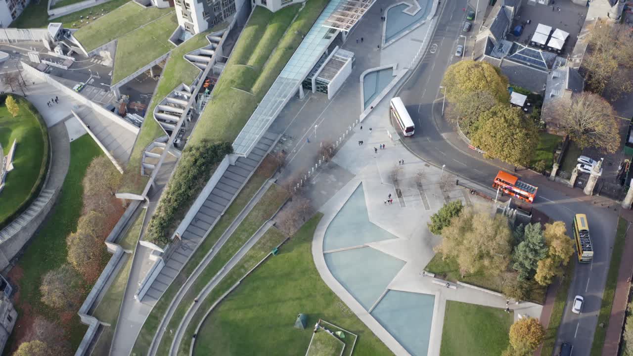 Top down fly-over of the Holyrood Scottish Parliament and Gardens | Edinburgh, Scotland | 4K at 30fps