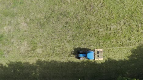 Top-down-aerial-view-of-a-tractor-using-a-grass-topper-in-Devon-UK-to-create-silage,-showcasing-farming-activity