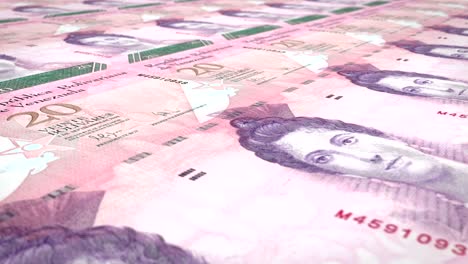 banknotes of twenty venezuelan bolivars rolling on screen, cash money, loop