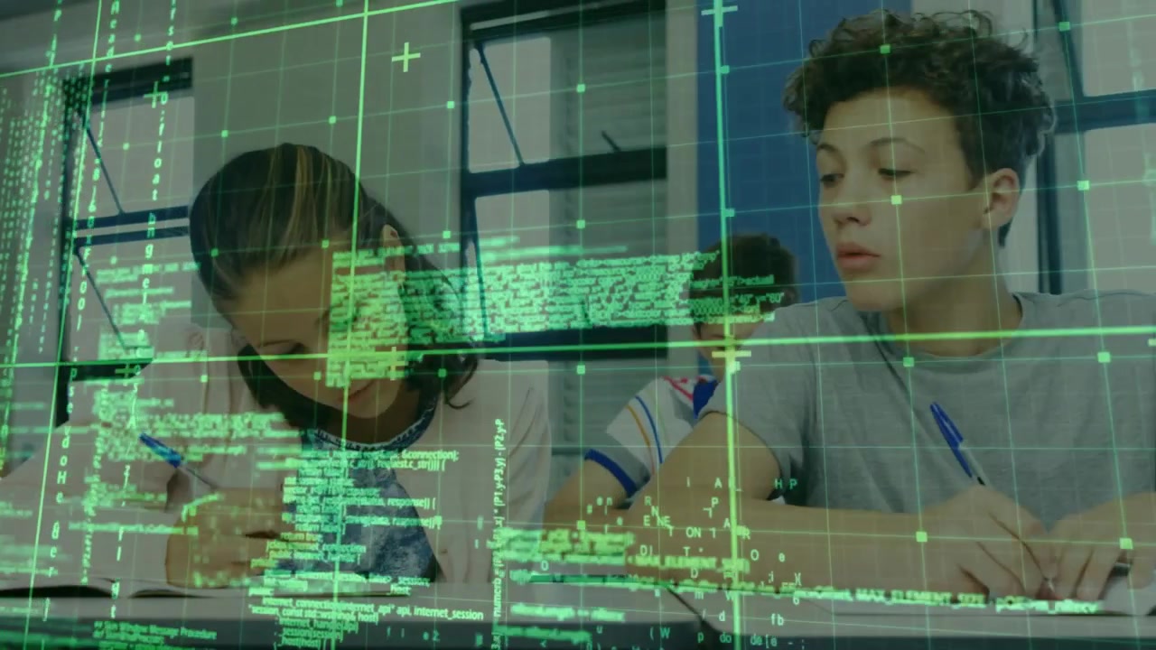 Pulsing code overlay revealing teen classmates writing test for evaluation in education interface