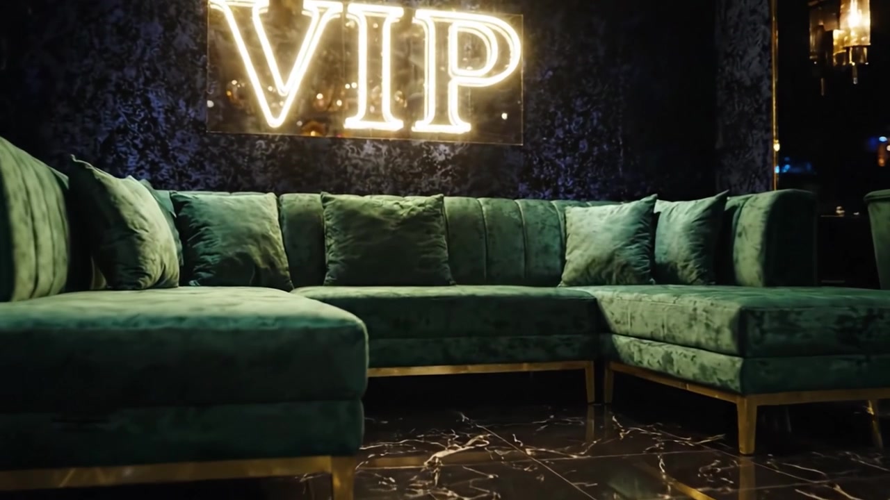 Ylellinen VIP-lounge, jossa on muhkea vihreä sohva, pehmeät tyynyt ja tyylikäs valaistus, luoden kutsuvan ilmapiirin eksklusiivisiin kokoontumisiin ja juhliin.