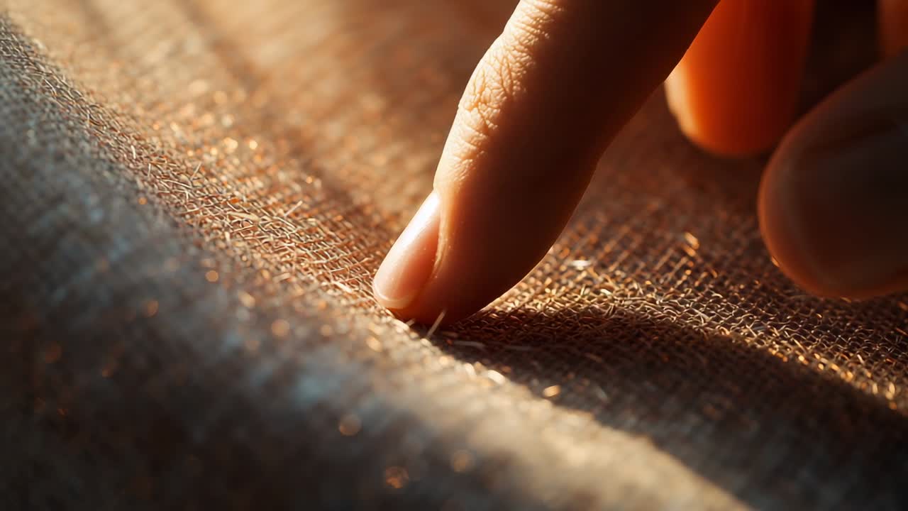 Un polpastrello e un'unghia premono, lasciando un'impronta su un tessuto intrecciato in macro sotto una luce calda, con fibre sciolte visibili.
