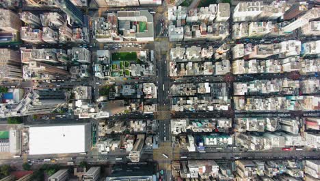 downtown hong kong buildings, crosswalk and traffic, high altitude aerial view