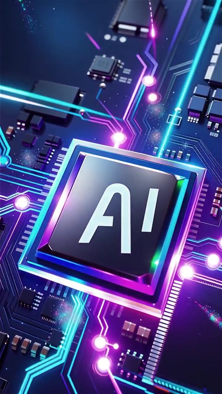 Sfondo tecnologico futuristico con chip AI e scheda madre
