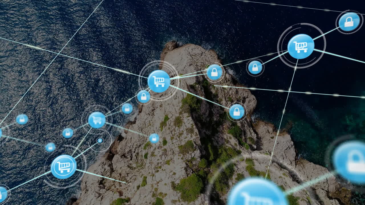 cartón de compras y iconos de bloqueo animación, seguridad de la red sobre la costa