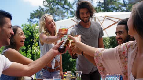 group of happy friends toasting glasses of drinks at outdoors barbecue party