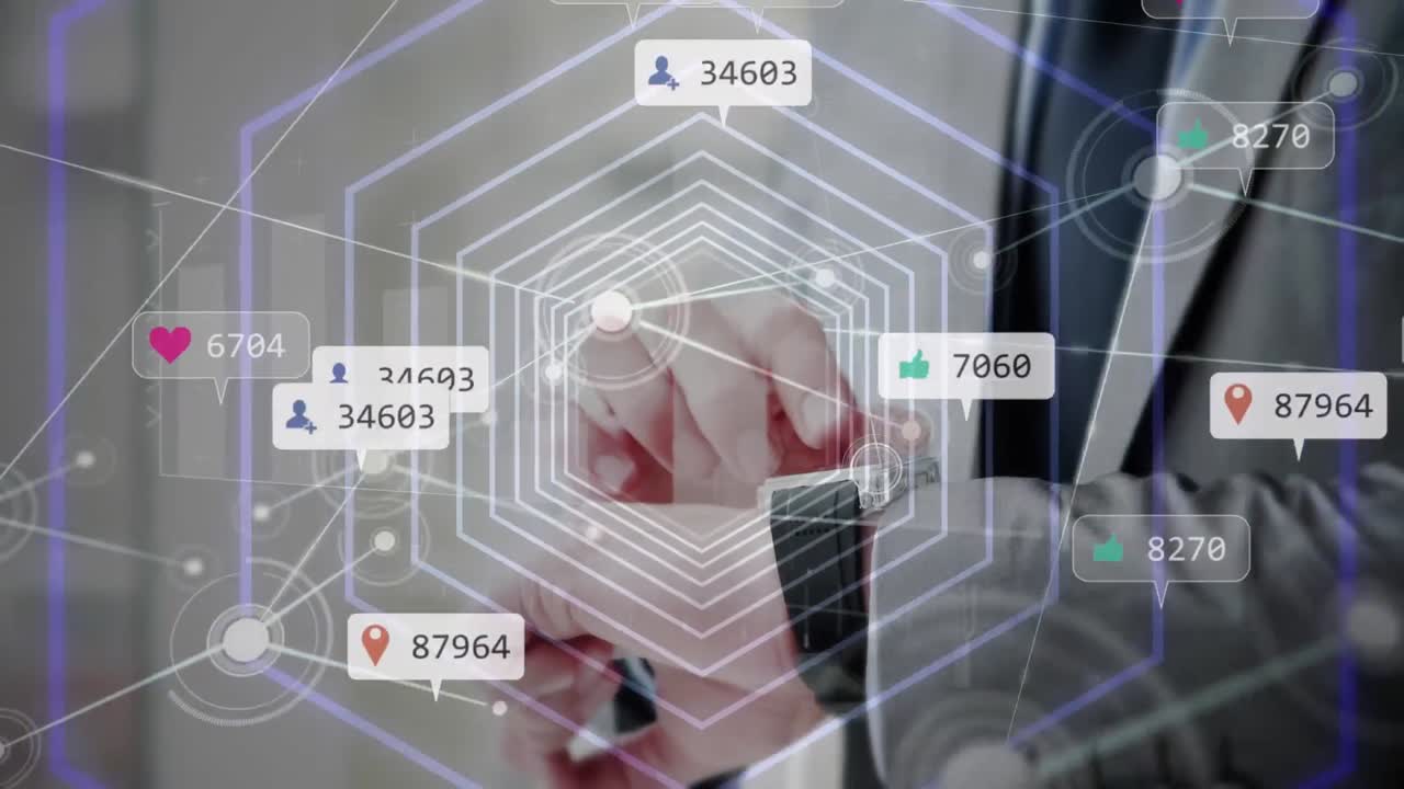 숫자, 연결된 점, 스마트워치를 사용하는 사람의 중간 부분을 가진 알림 아이콘의 애니메이션