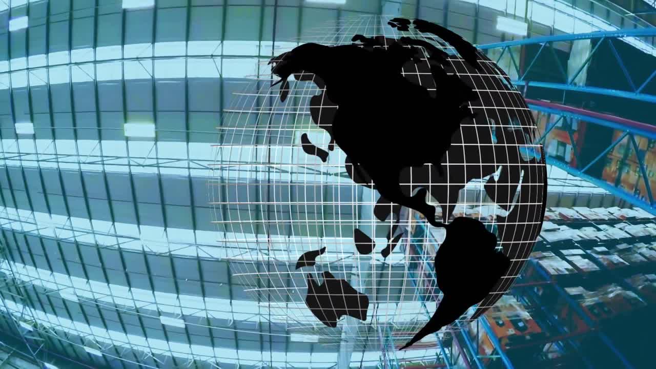 composición digital del globo giratorio frente a la vista del almacén en el fondo