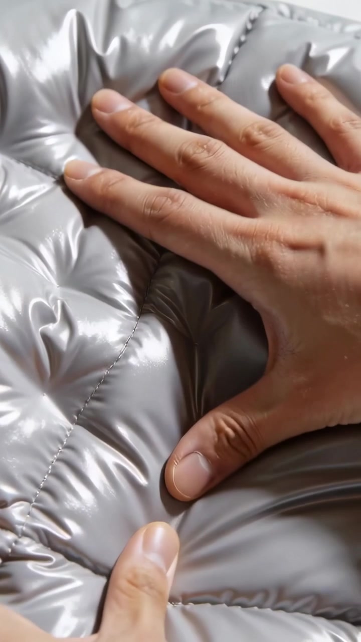 Video verticale: Appoggiando la mano piatta, mani che premono e pizzicano un piumino argentato sul letto per testarne la sofficità.