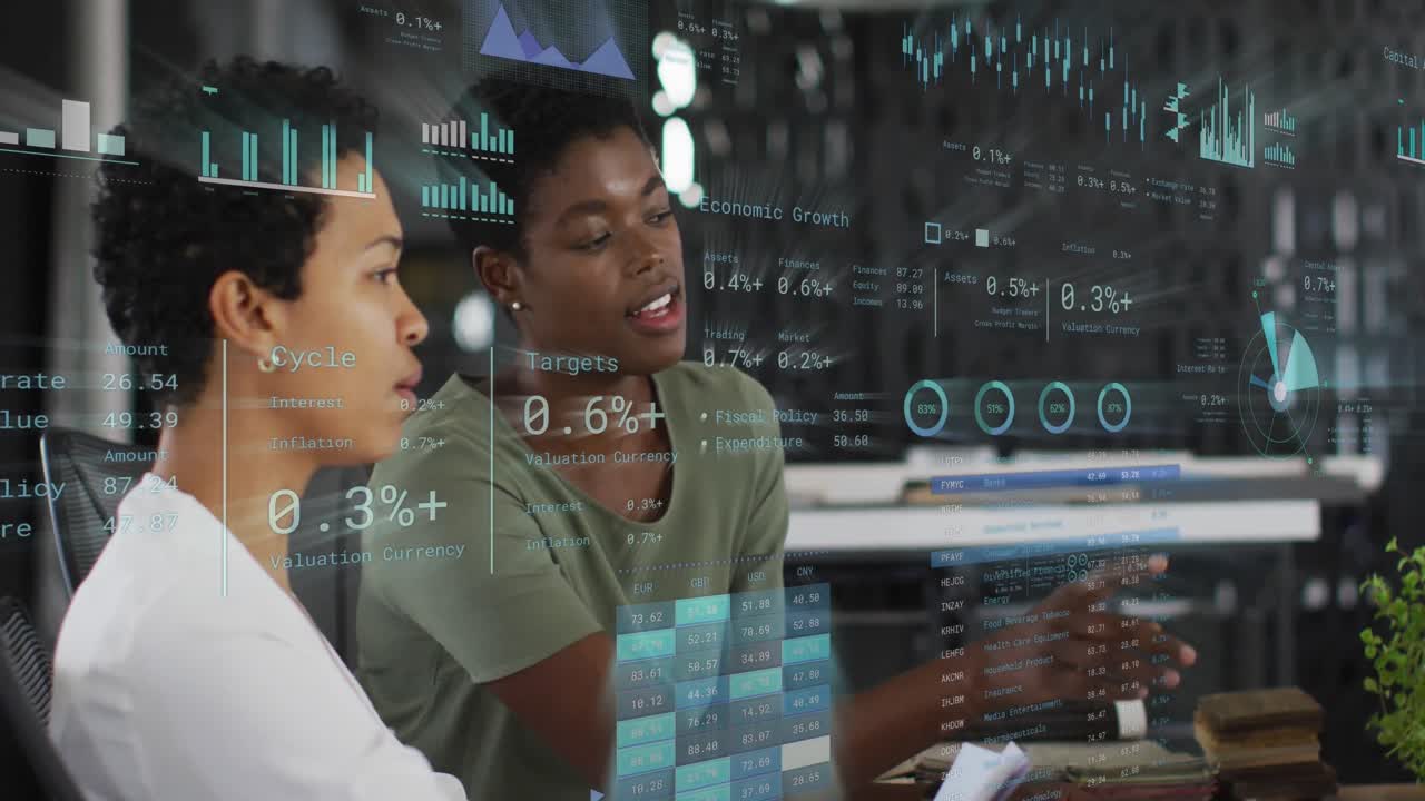 Animation of financial data processing over diverse business people in office