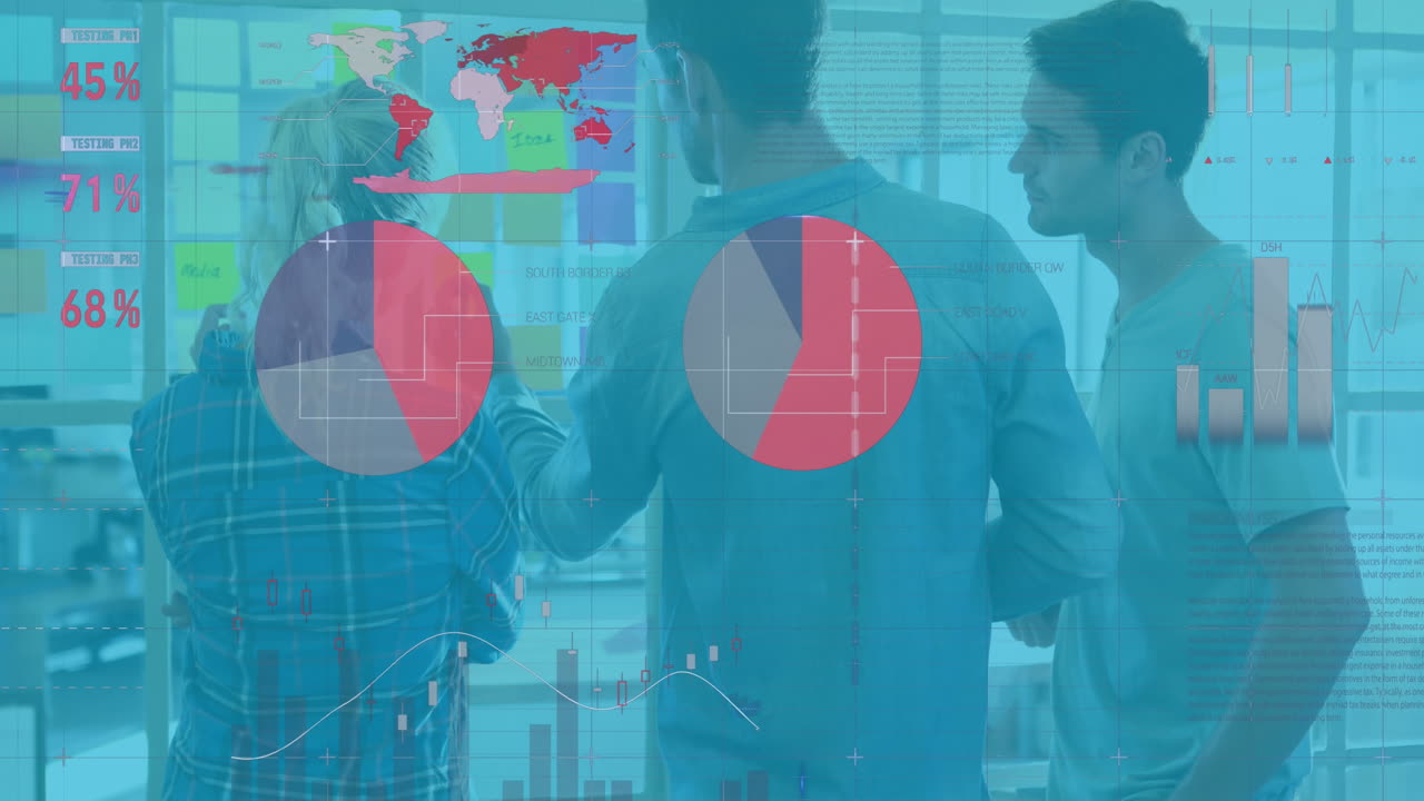 animación del procesamiento de datos estadísticos sobre diversos colegas que discuten sobre notas de memorando en la oficina
