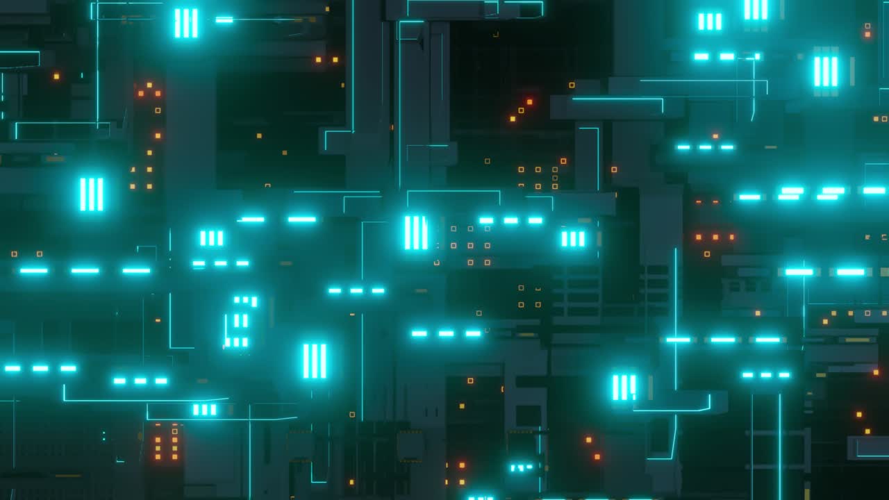 Electric print circuit board and orange and Green-Blue light effect. Technological elements innovation background.