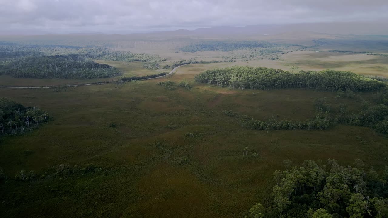 vista aérea de un campo de hierba verde, un bosque de árboles y una carretera rural cerca del puerto de granville, tasmania, australia