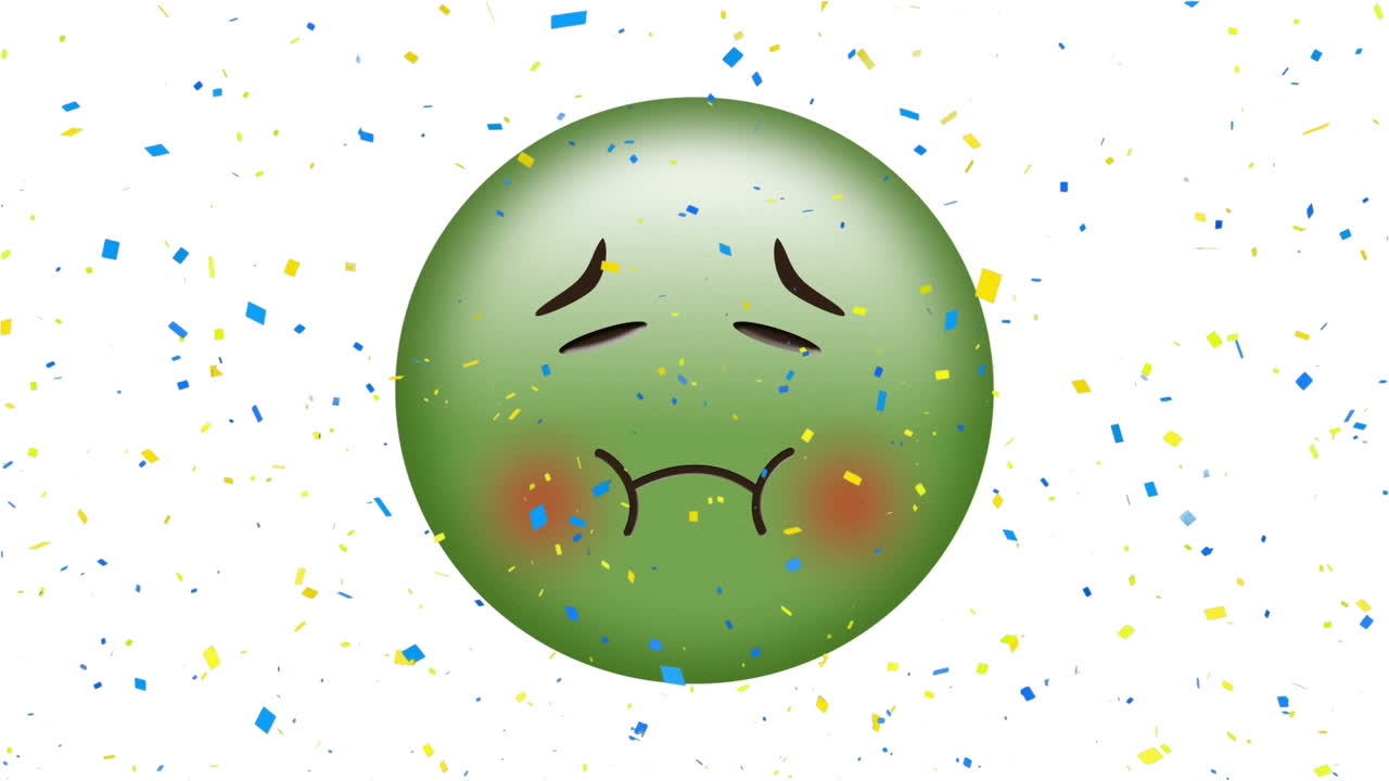 콩페티 위에 떨어지는 아픈 이모지 아이콘의 애니메이션