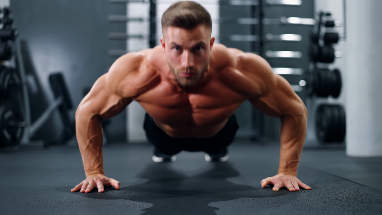 Muscular Man Doing Pushups In Gym, Personal Trainer Demonstrating Chest Strength Routine On Mat, Athlete