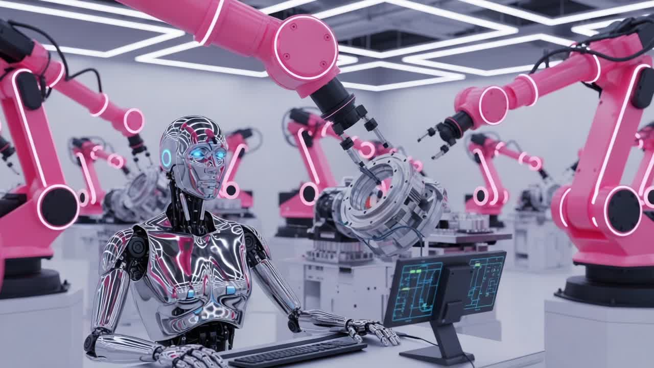 Futuristic Automation: A Sleek Robot Strategically Operates Among Advanced Robotic Arms in a High-Tech Production Facility Designed for Precision Engineering Tasks