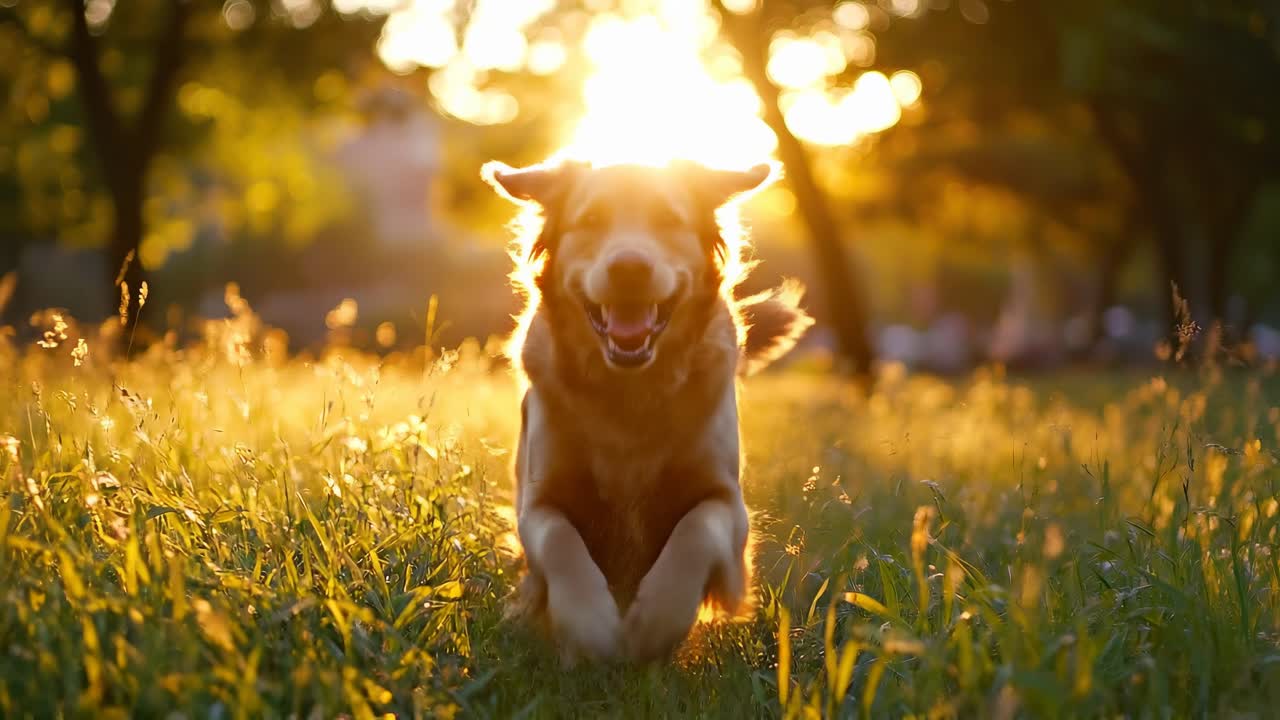 Glad golden retriever løper i en solrik park i gulltimen