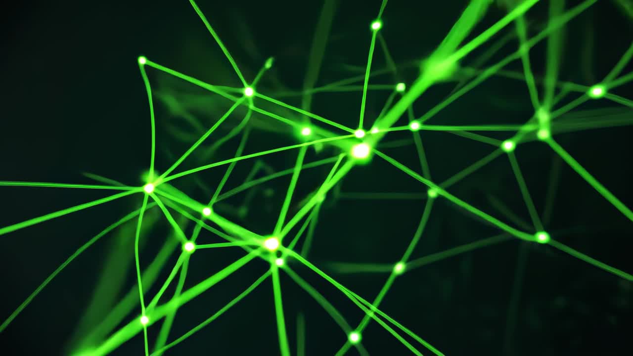 Starting dense neon green network shifting in dark void, with pulsating connection points