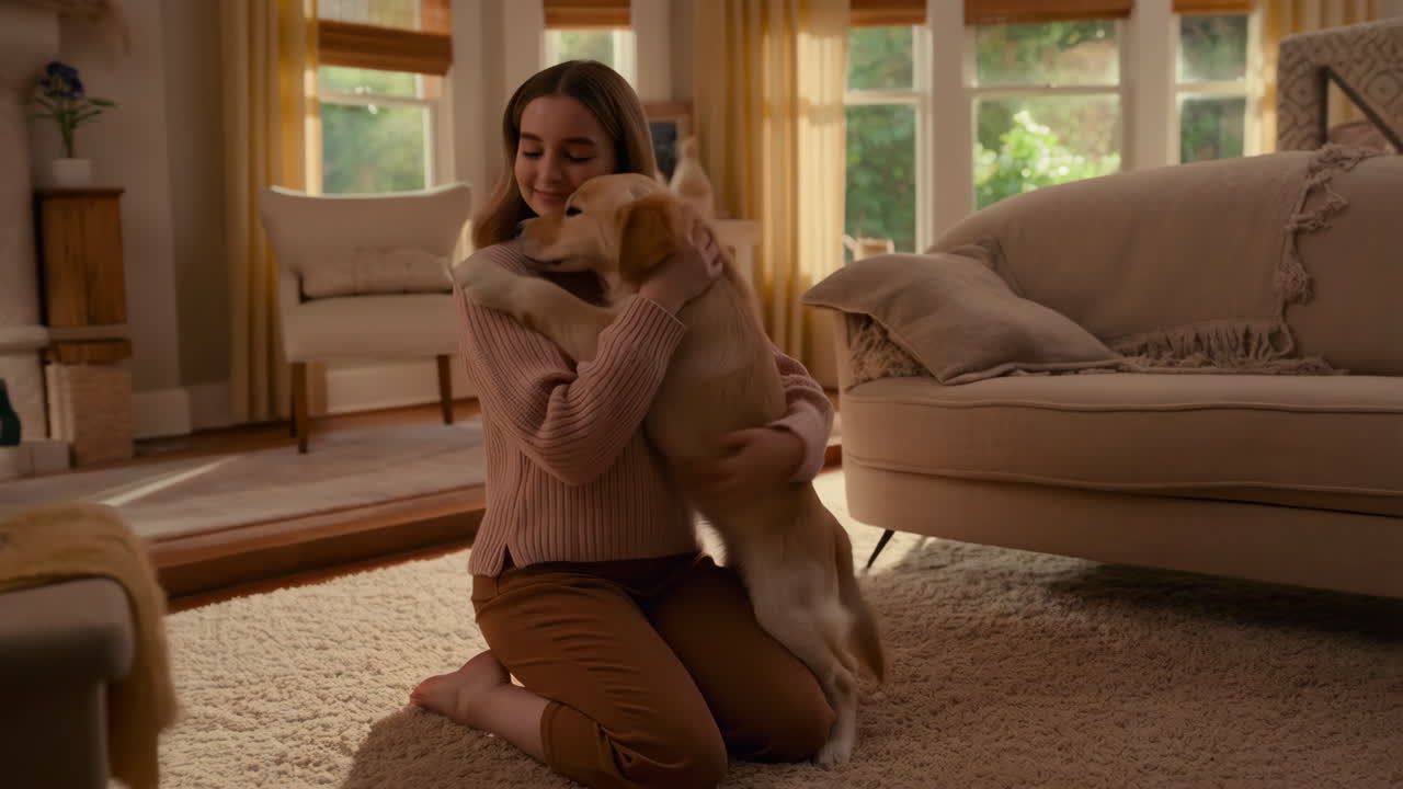 Heartwarming Hug Between a Girl and Her Golden Retriever Puppy