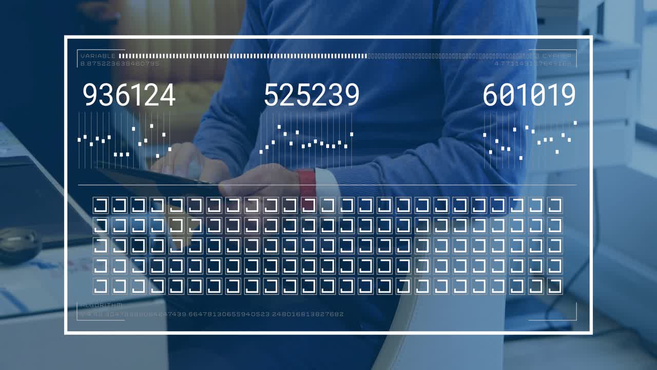 Man tapping tablet at desk showing finance overlay updating to six digits tracking marking red grid