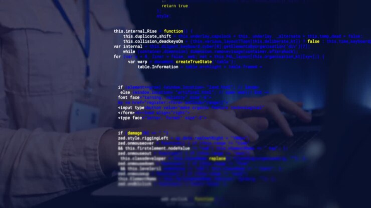 Animation af digital databehandling over kaukasisk mand, der bruger computer