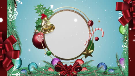 animación de nieve cayendo y decoraciones de navidad sobre el círculo con espacio de copia en fondo azul
