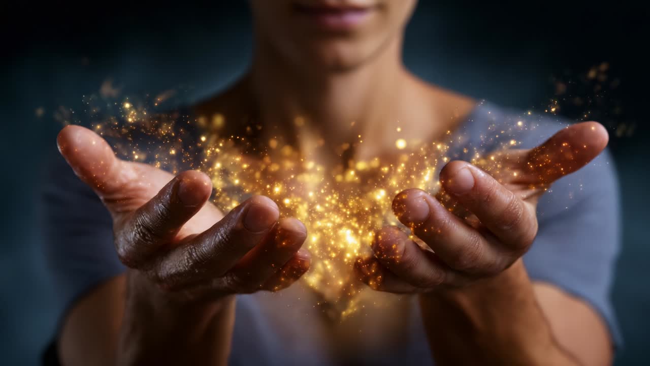 A mesmerizing display of ethereal sparkles emanating from open hands, showcasing the beauty of human expression and the magical connection between energy and emotion in a captivating visual portrayal