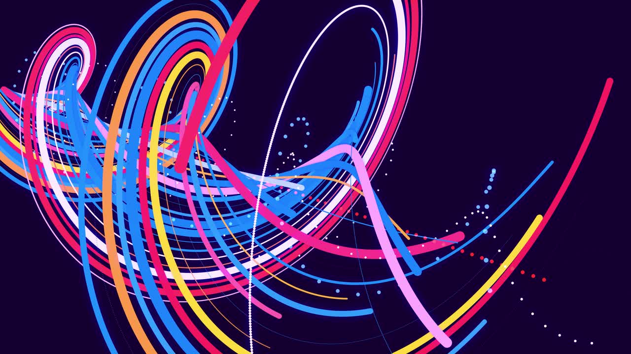 다채로운 입자와 선들이 나선 모양으로 휘어지면서 순환적으로 회전합니다. 굴곡된 선과 입자의 모션 디자인 배경으로 루프 애니메이션. 아름다운 리본. 루마 매트.