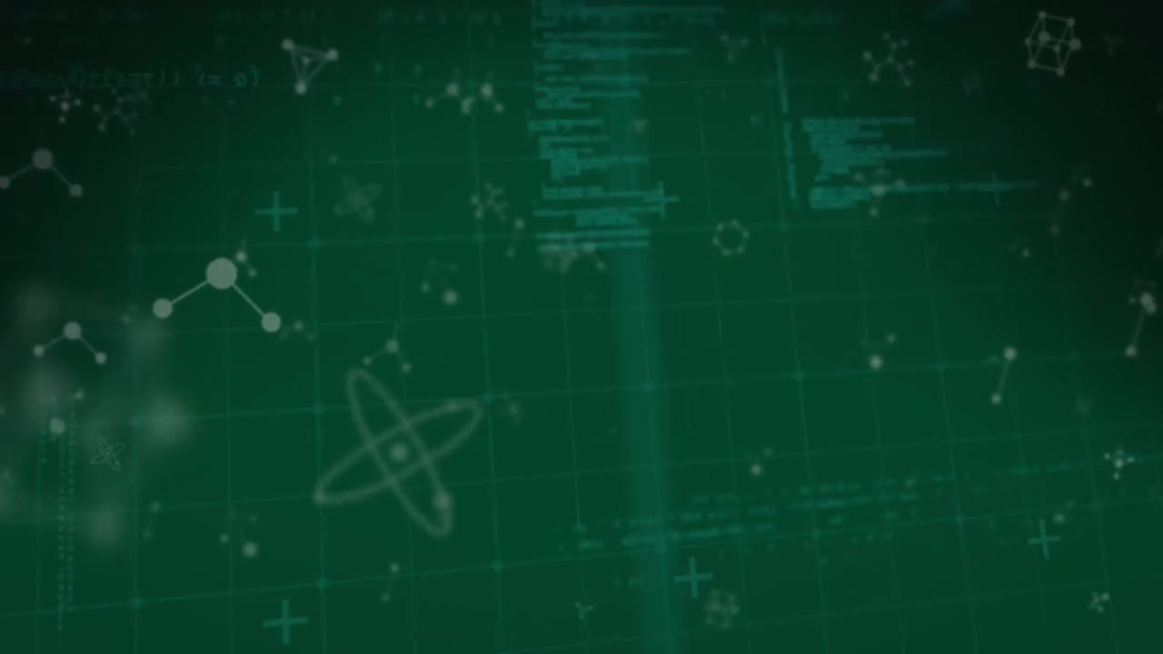 animación de una forma púrpura sobre un fondo verde con moléculas y procesamiento de datos