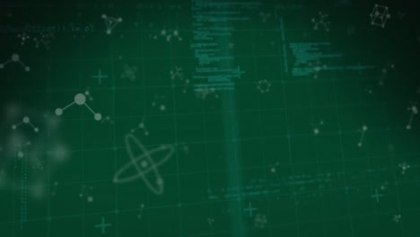 animación de una forma púrpura sobre un fondo verde con moléculas y procesamiento de datos