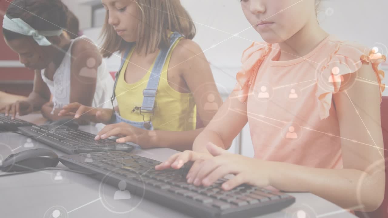 Animation of network of connections over happy diverse pupils using computers at school
