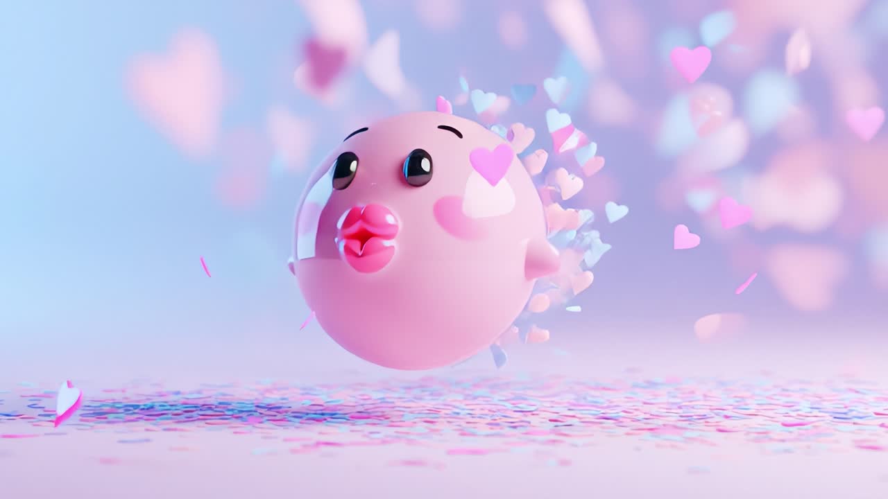 A Charming Animated Character Surrounded by Floating Hearts, Expressing Love and Joy, with Colorful Confetti Creating a Whimsical Atmosphere in a Delightful Scene
