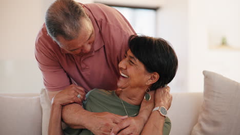 Home,-hug-and-funny-with-elderly-couple