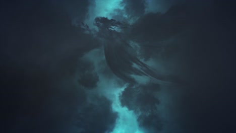 cloud lightning - eerie spectacular and dramatic lightening storm illuminating dark and inspiring angel shaped cloud with brilliant and intense bolts and flashes of mystical teal colored lightning