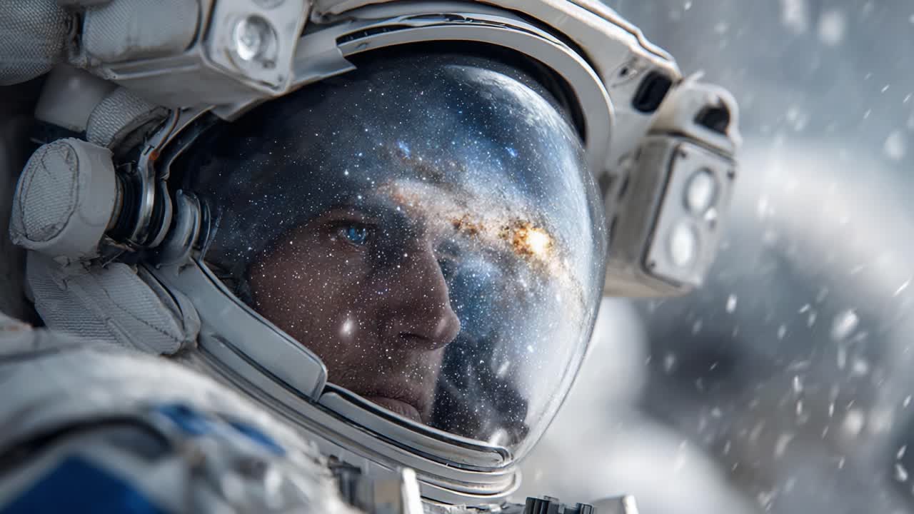 En astronaut i rummet: Et nærbillede af en uforsagt opdagelsesrejsende, der betragter universet, glitrende stjerner og kosmiske vidundere gennem sit visir.