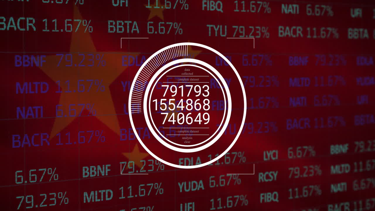 Concentric HUD graphic being animated over red grid, showing Chinese flag motif and ticker data