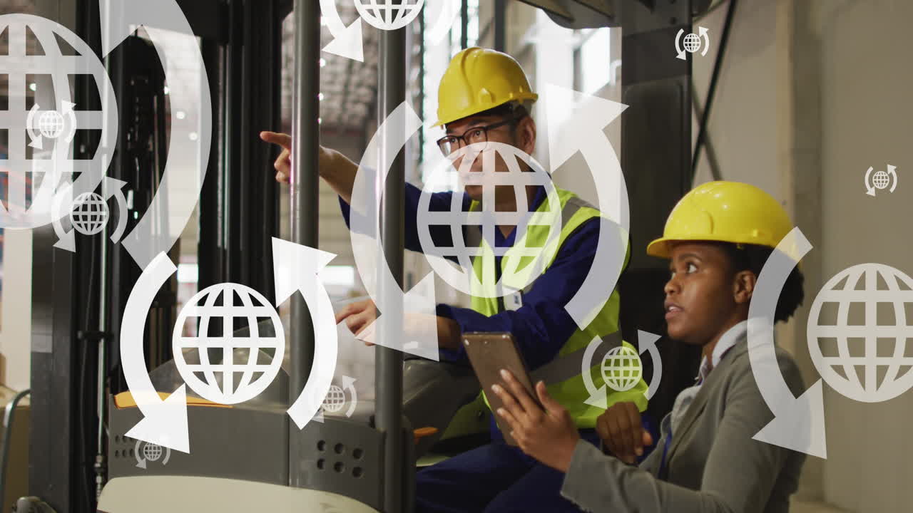 Animation of network of connections with icons over diverse engineers in warehouse