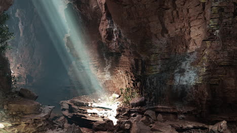 sunbeams pouring into a dark cave