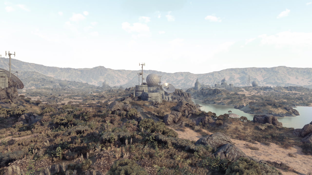 Rocky landscape with communication towers in a remote area